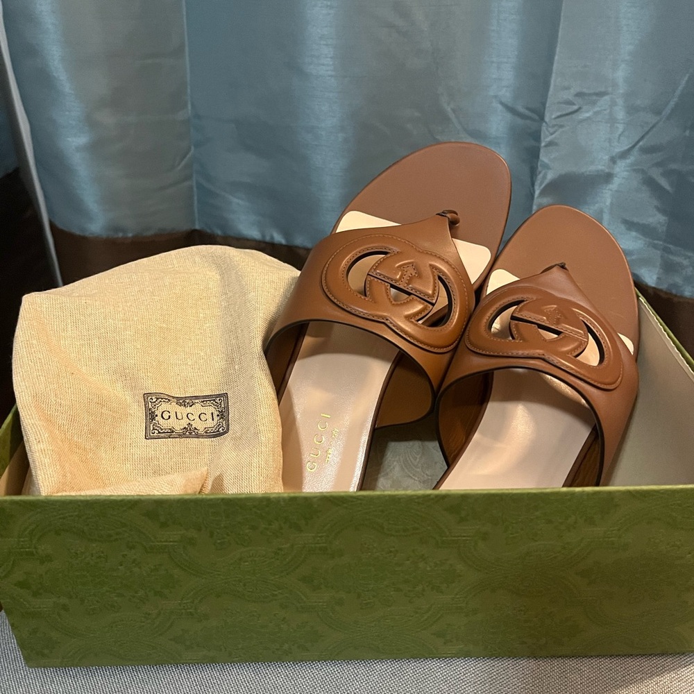 Gucci Tan Leather Slide Sandals